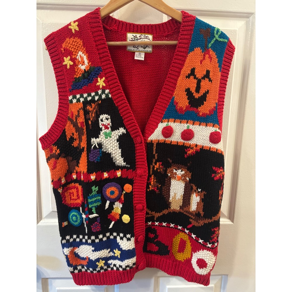 Vintage Heirloom Collectibles Halloween Sweater Vest Red Ghost Pumpkin Owls M